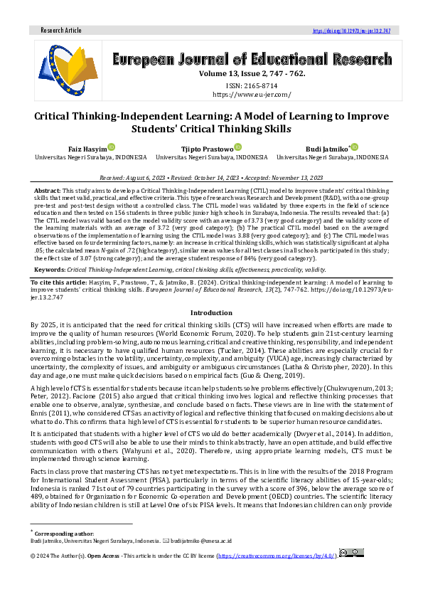 (PDF) Critical Thinking-Independent Learning: A Model of Learning to ...