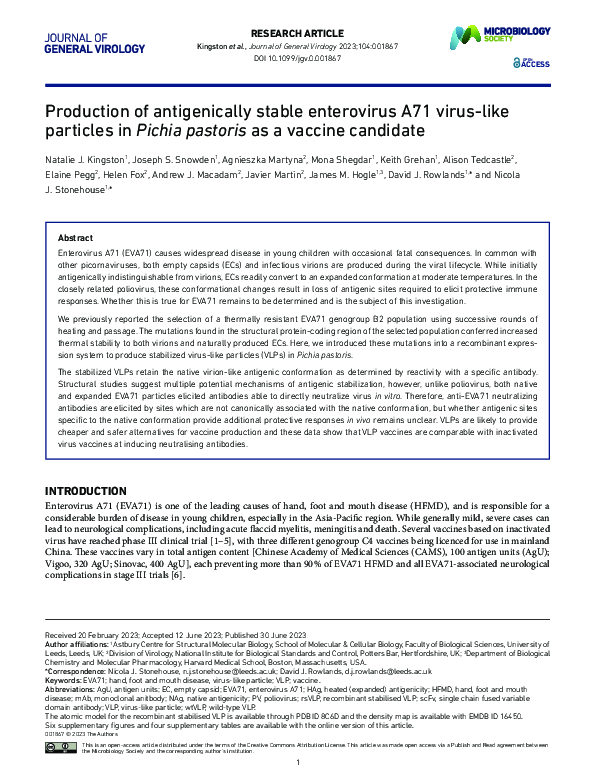 (PDF) Production of antigenically stable enterovirus A71 virus-like ...