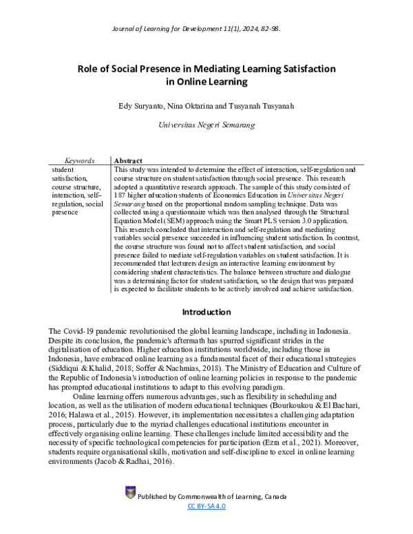 (PDF) Role of Social Presence in Mediating Learning Satisfaction in ...