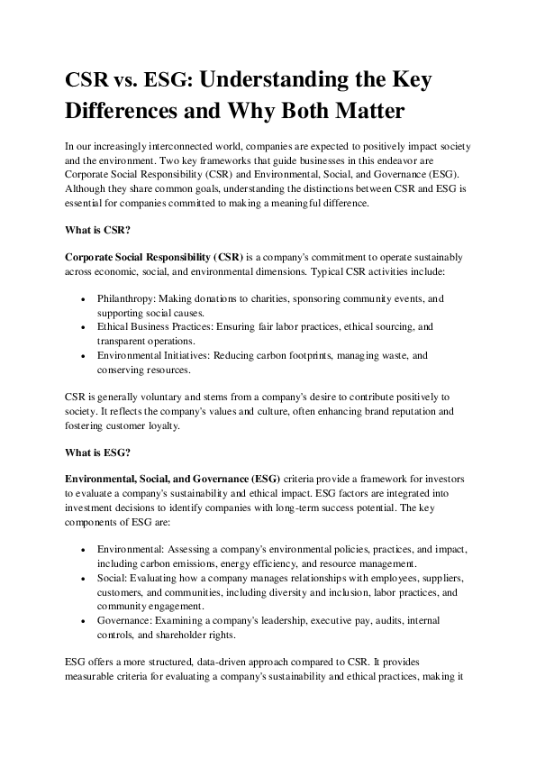 (PDF) CSR vs. ESG: Understanding the Key Differences and Why Both Matter