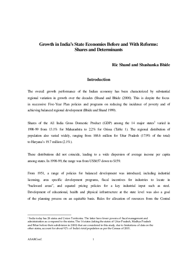(PDF) Growth in India’s state economies before and with reforms: shares ...