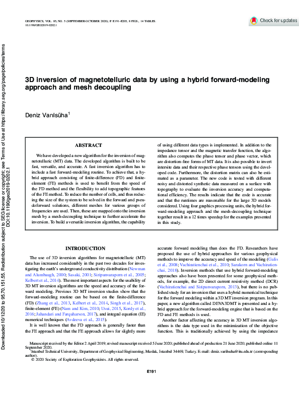 (PDF) 3D inversion of magnetotelluric data by using a hybrid forward ...