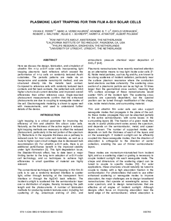 (PDF) Plasmonic light trapping for thin film A-SI:H solar cells