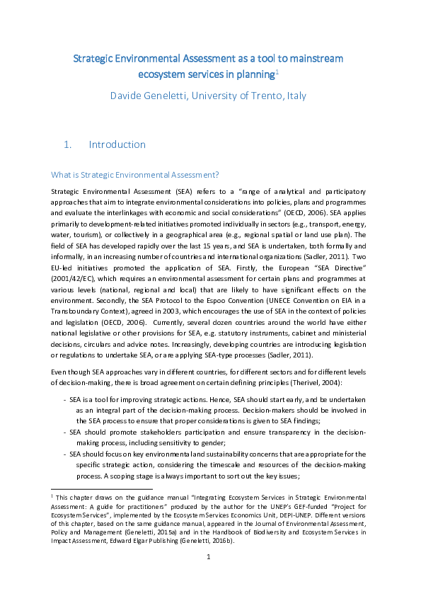 (PDF) Strategic Environmental Assessment as a tool to mainstream ...