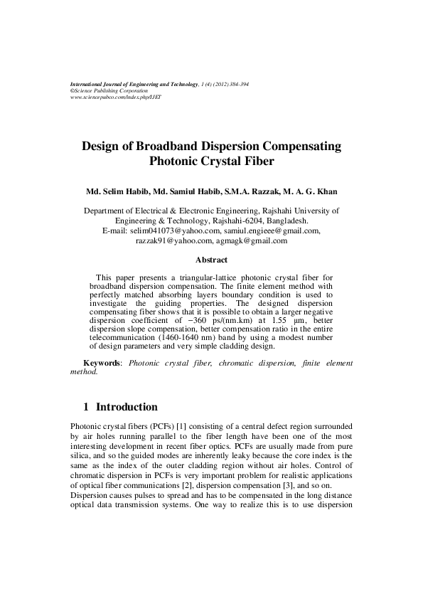 (PDF) Design of Broadband Dispersion Compensating Photonic Crystal Fiber
