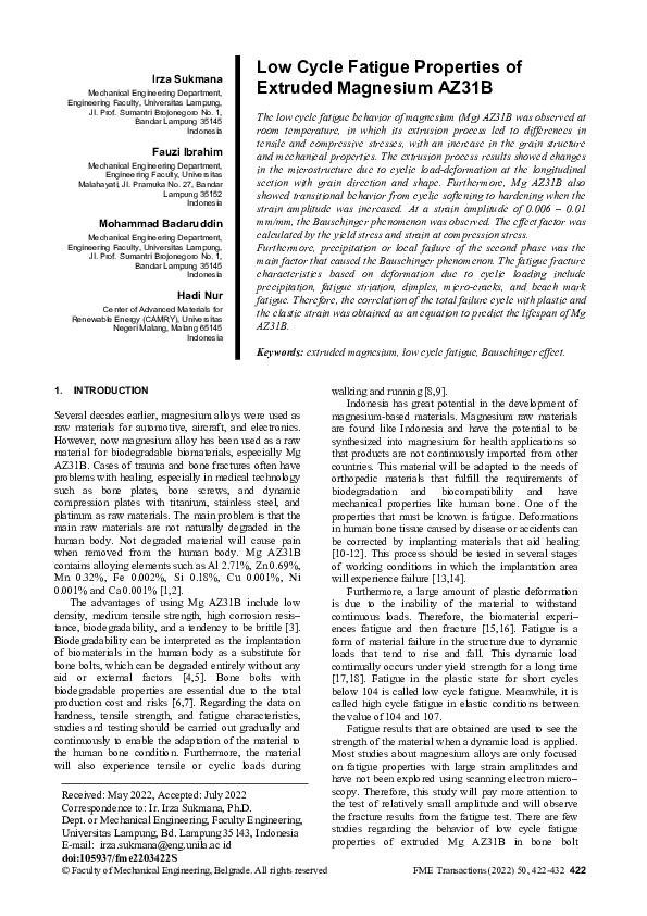 (PDF) Low cycle fatigue properties of extruded magnesium AZ31B