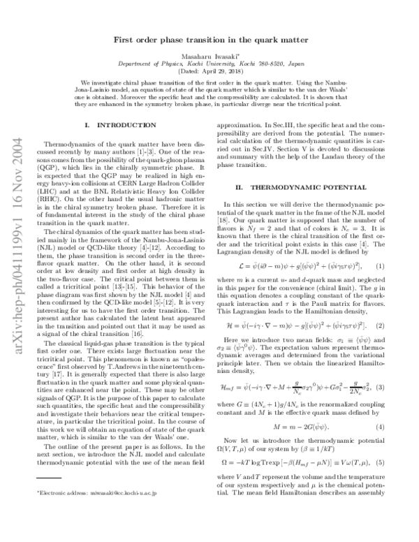 (PDF) First order phase transition in quark matter