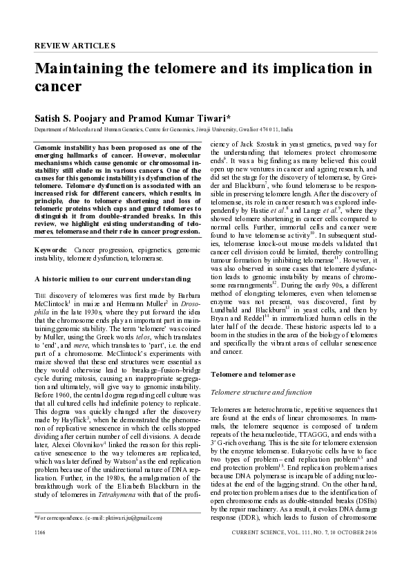 (PDF) Maintaining the Telomere and its Implication in Cancer