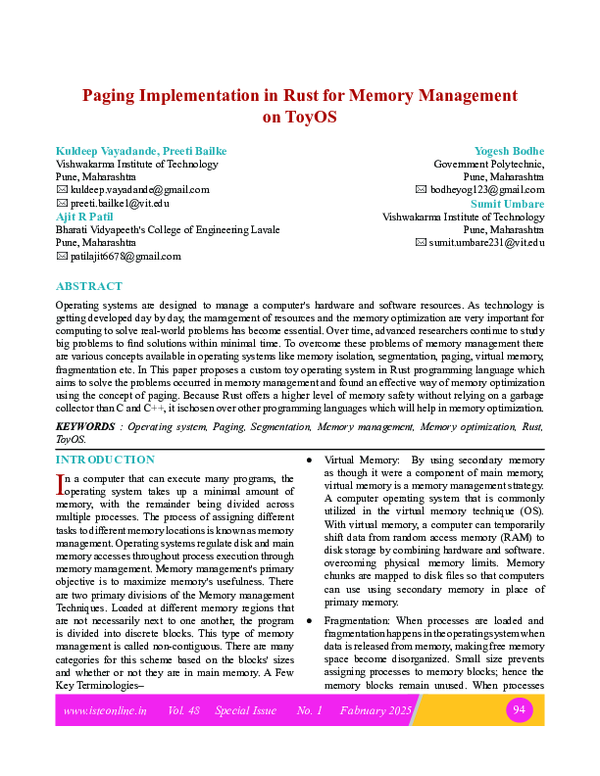 (PDF) Paging Implementation in Rust for Memory Management on ToyOS