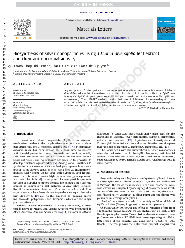 (PDF) Biosynthesis of silver nanoparticles using Tithonia diversifolia ...