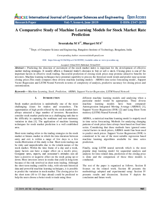 (PDF) A Comparative Study of Machine Learning Models for Stock Market ...