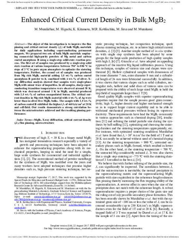(PDF) Enhanced Critical Current Density in Bulk MgB2