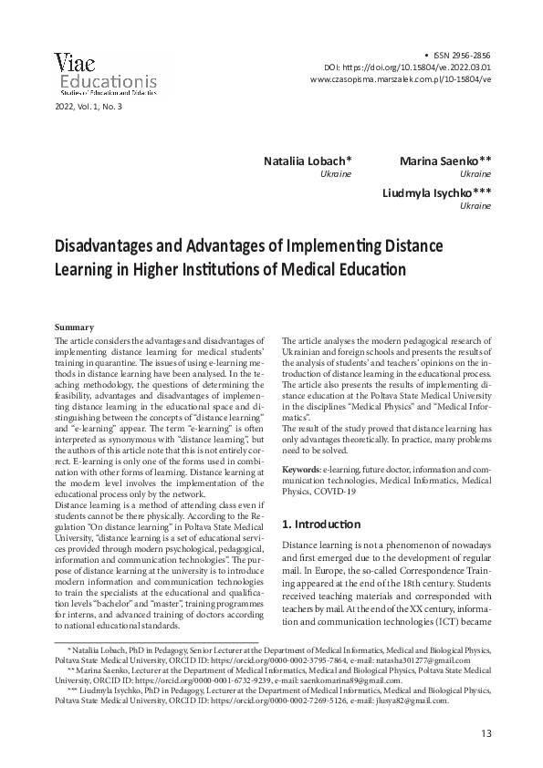 (PDF) Disadvantages and Advantages of Implementing Distance Learning in ...
