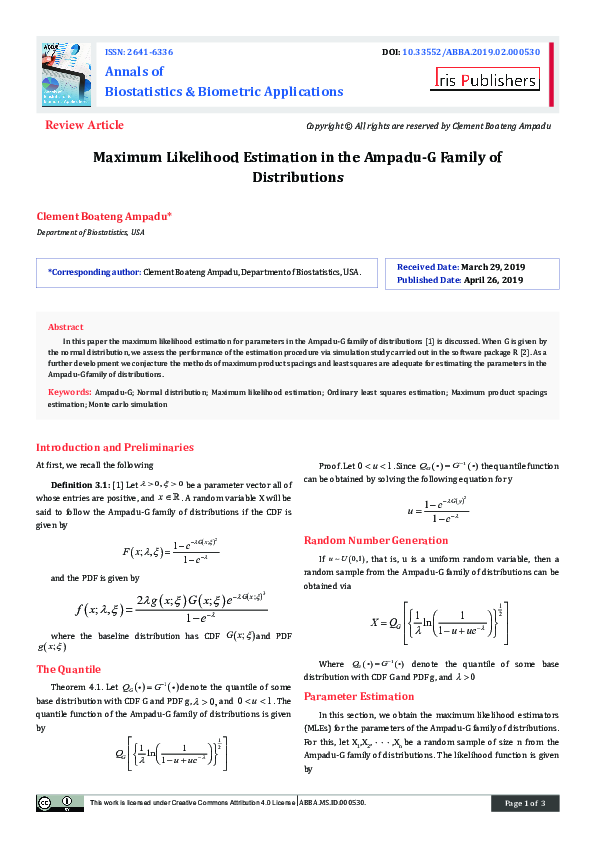 (PDF) Maximum Likelihood Estimation in the Ampadu-G Family of Distributions