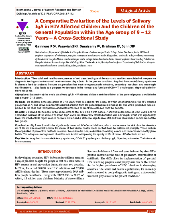 (PDF) A Comparative Evaluation of the Levels of Salivary IgA in HIV ...