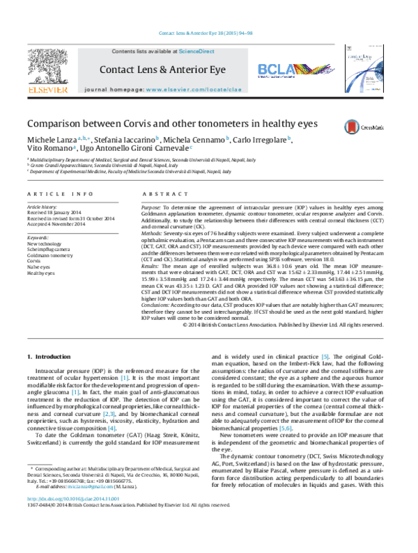 (PDF) Comparison between Corvis and other tonometers in healthy eyes
