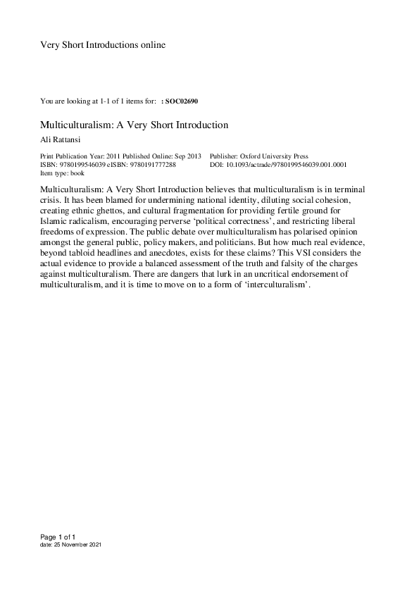Pdf Multiculturalism A Very Short Introduction