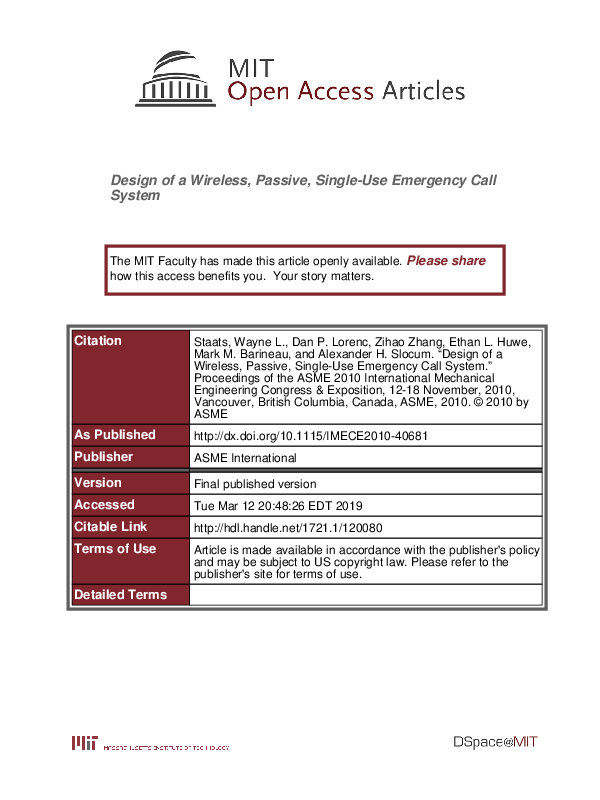 (PDF) Design of a Wireless, Passive, Single-Use Emergency Call System