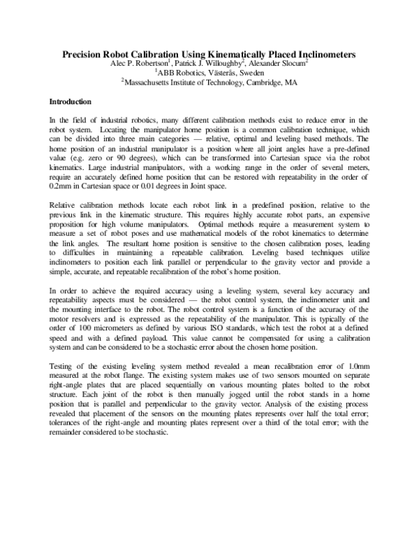 (PDF) Precision Robot Calibration Using Kinematically Placed Inclinometers