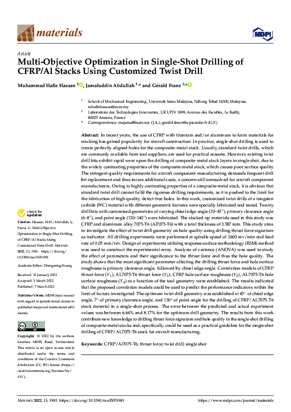 (PDF) Multi-Objective Optimization in Single-Shot Drilling of CFRP/Al ...