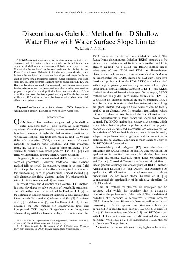 (PDF) Discontinuous Galerkin Method for 1D Shallow Water Flow in ...