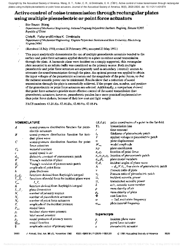 (PDF) Active control of noise transmission through rectangular plates ...