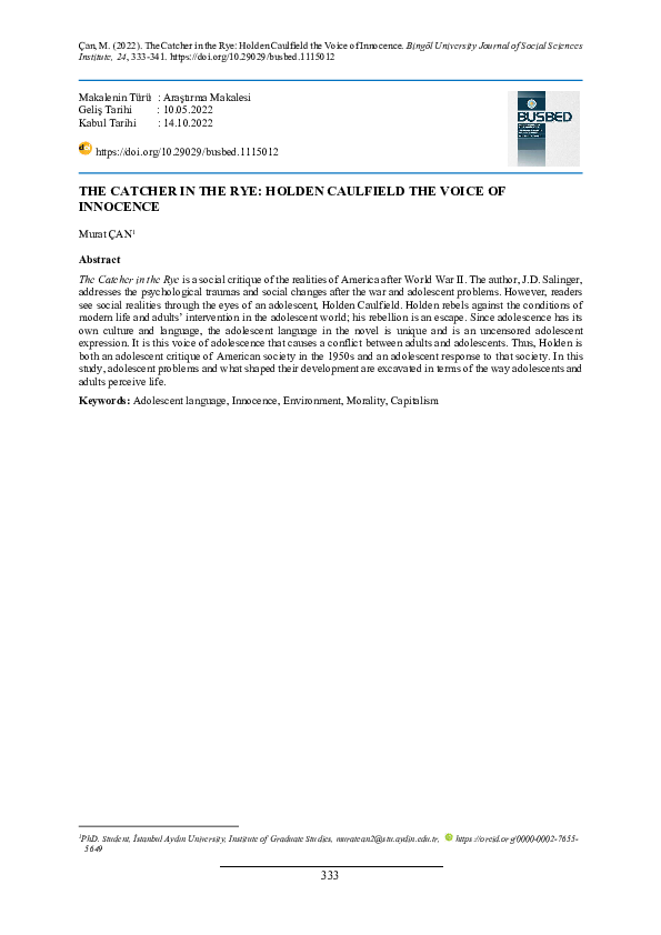 (PDF) THE CATCHER IN THE RYE: HOLDEN CAULFIELD THE VOICE OF INNOCENCE