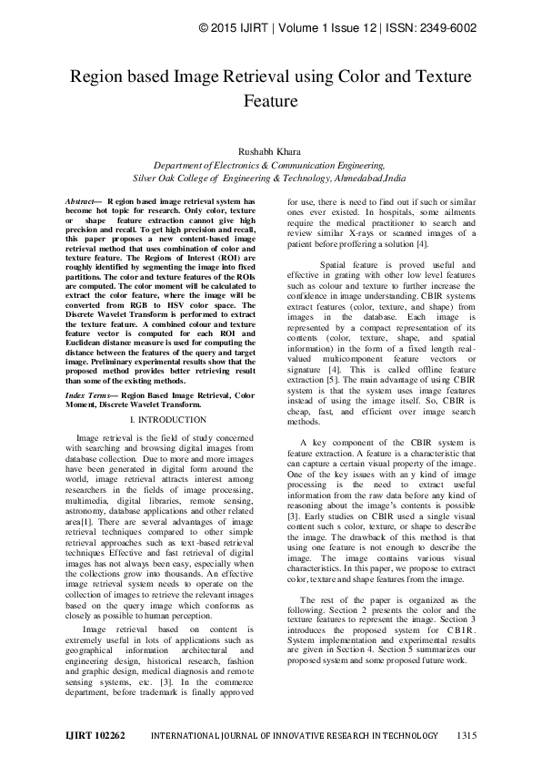 (PDF) Region based Image Retrieval using Color and Texture Feature