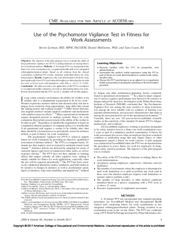 (PDF) Use of the Psychomotor Vigilance Test in Fitness for Work Assessments