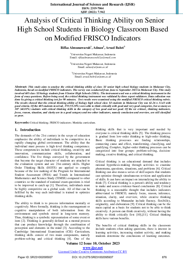 (PDF) Analysis of Critical Thinking Ability on Senior High School ...