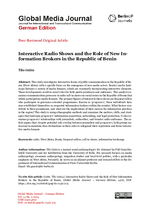 (PDF) Grätz, Tilo (2024). Interactive Radio Shows and the Role of New ...