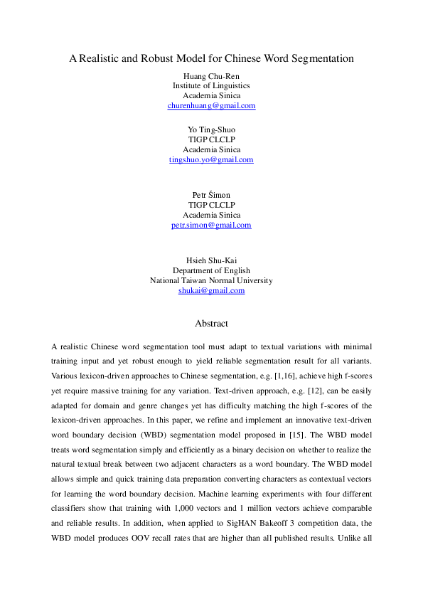 (PDF) A realistic and robust model for Chinese word segmentation