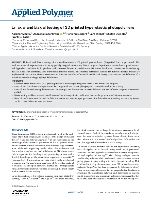 (PDF) Uniaxial and biaxial testing of 3D printed hyperelastic photopolymers
