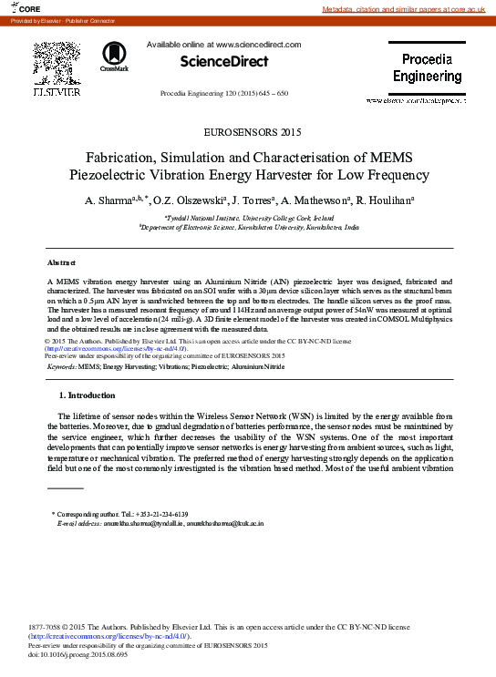 (PDF) Fabrication, Simulation and Characterisation of MEMS ...