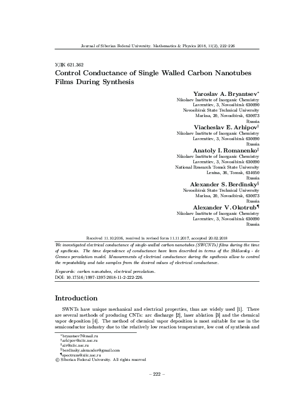 (PDF) Control Conductance of Single Walled Carbon Nanotubes Films ...