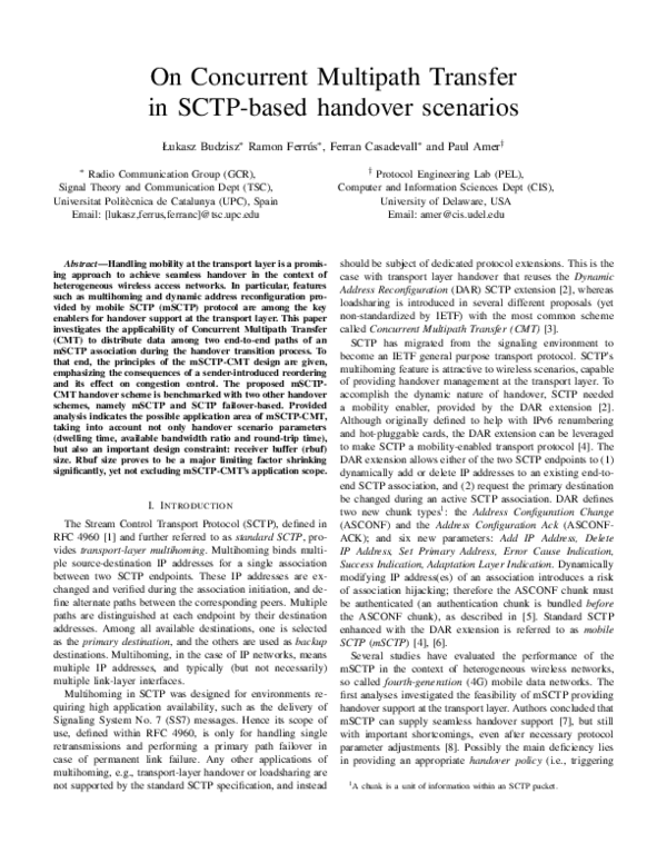 (PDF) On Concurrent Multipath Transfer in SCTP-Based Handover Scenarios