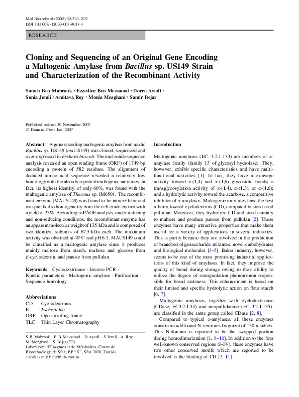 (PDF) Cloning and Sequencing of an Original Gene Encoding a Maltogenic ...