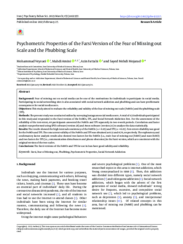 (PDF) Psychometric Properties of the Farsi Version of the Fear of ...