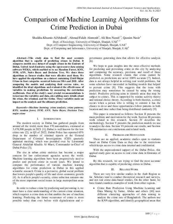 (PDF) Comparison of Machine Learning Algorithms for Crime Prediction in ...