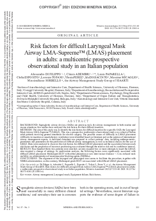 (PDF) Risk factors for difficult Laryngeal Mask Airway LMA-Supreme ...