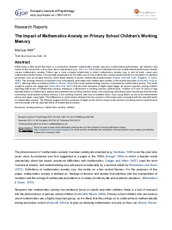 (PDF) The Impact of Mathematics Anxiety on Primary School Children's ...