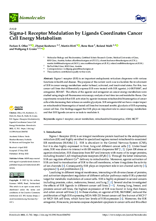 (PDF) Sigma-1 Receptor Modulation by Ligands Coordinates Cancer Cell ...