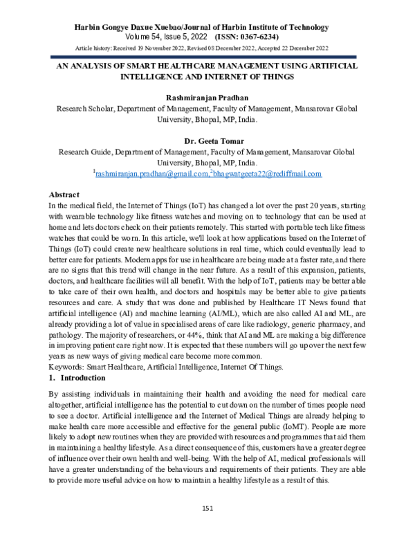 (PDF) AN ANALYSIS OF SMART HEALTHCARE MANAGEMENT USING ARTIFICIAL ...
