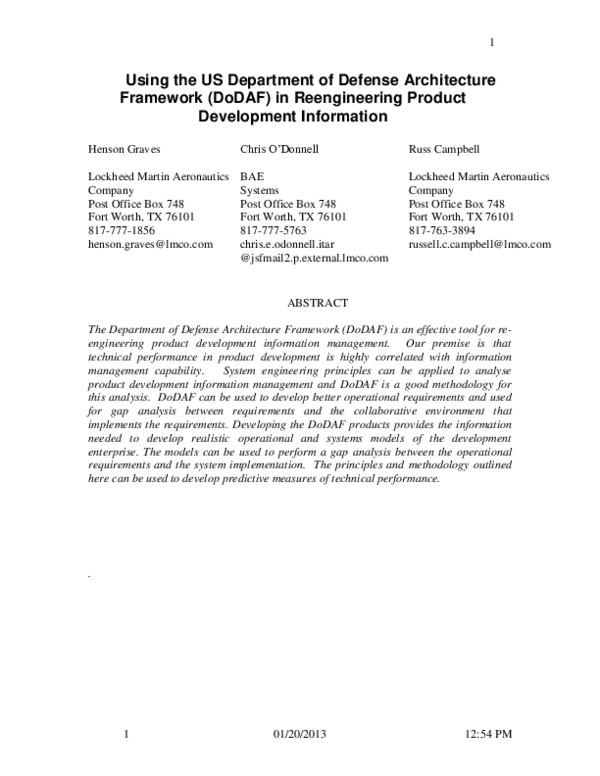 (PDF) Using the US Department of Defense Architecture Framework (DoDAF ...