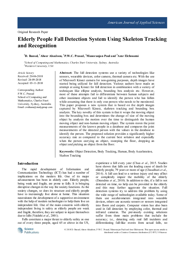 (PDF) Elderly People Fall Detection System Using Skeleton Tracking and ...