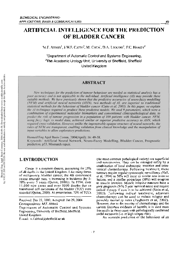(PDF) Artificial Intelligence for the Prediction of Bladder Cancer