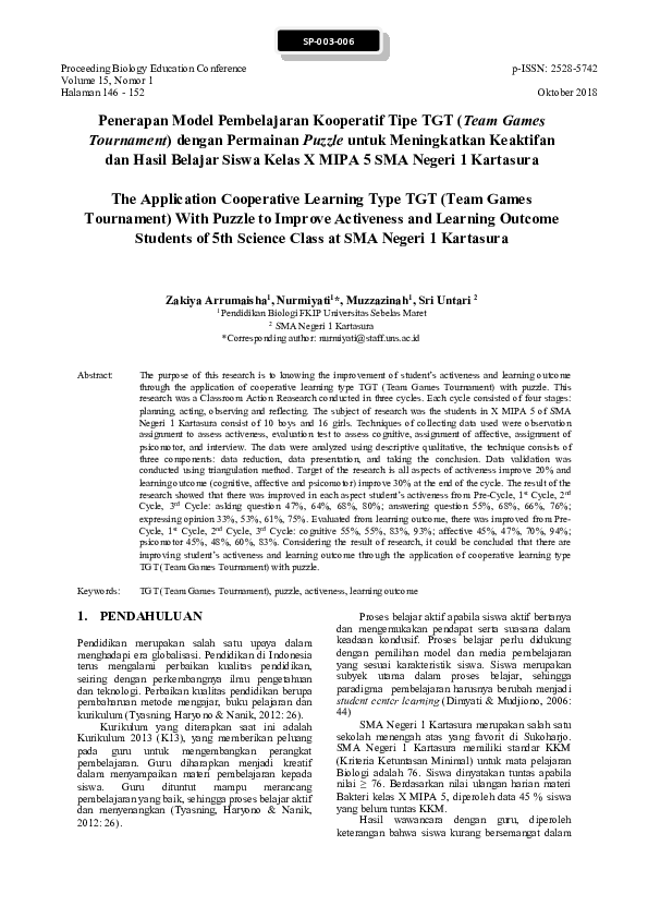 Penerapan Model Pembelajaran Kooperatif Tipe TGT (Team Games Tournament