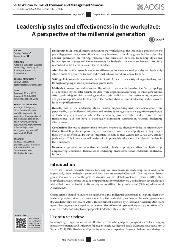 (PDF) Leadership styles and effectiveness in the workplace: A ...