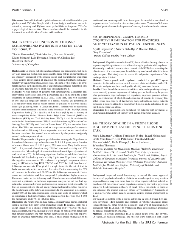 (PDF) S66. Theory of Mind in a First-Episode Psychosis Population Using ...
