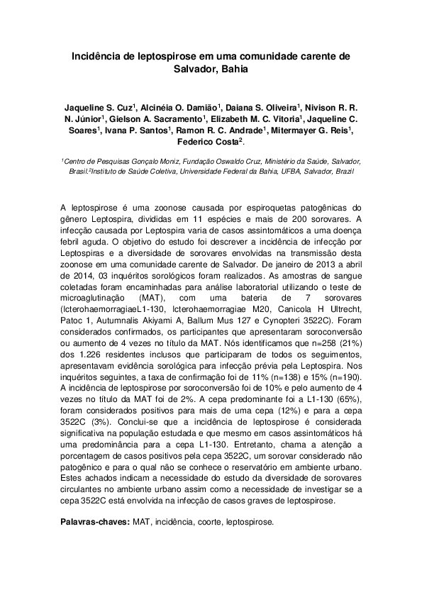 (PDF) Incidência de leptospirose em uma comunidade carente de Salvador ...